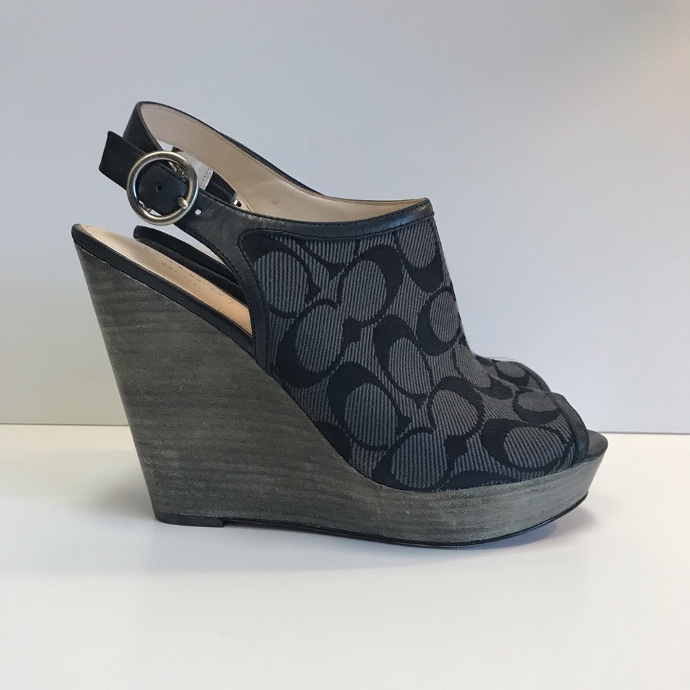 Coach Black Gray Logo Peep Toe Wedges size 8